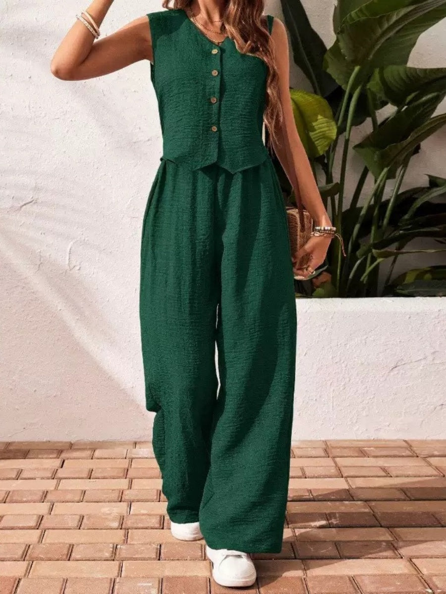 Pleated Solid Color Sleeveless Button Vest Wide-leg Pants 2-piece Sets