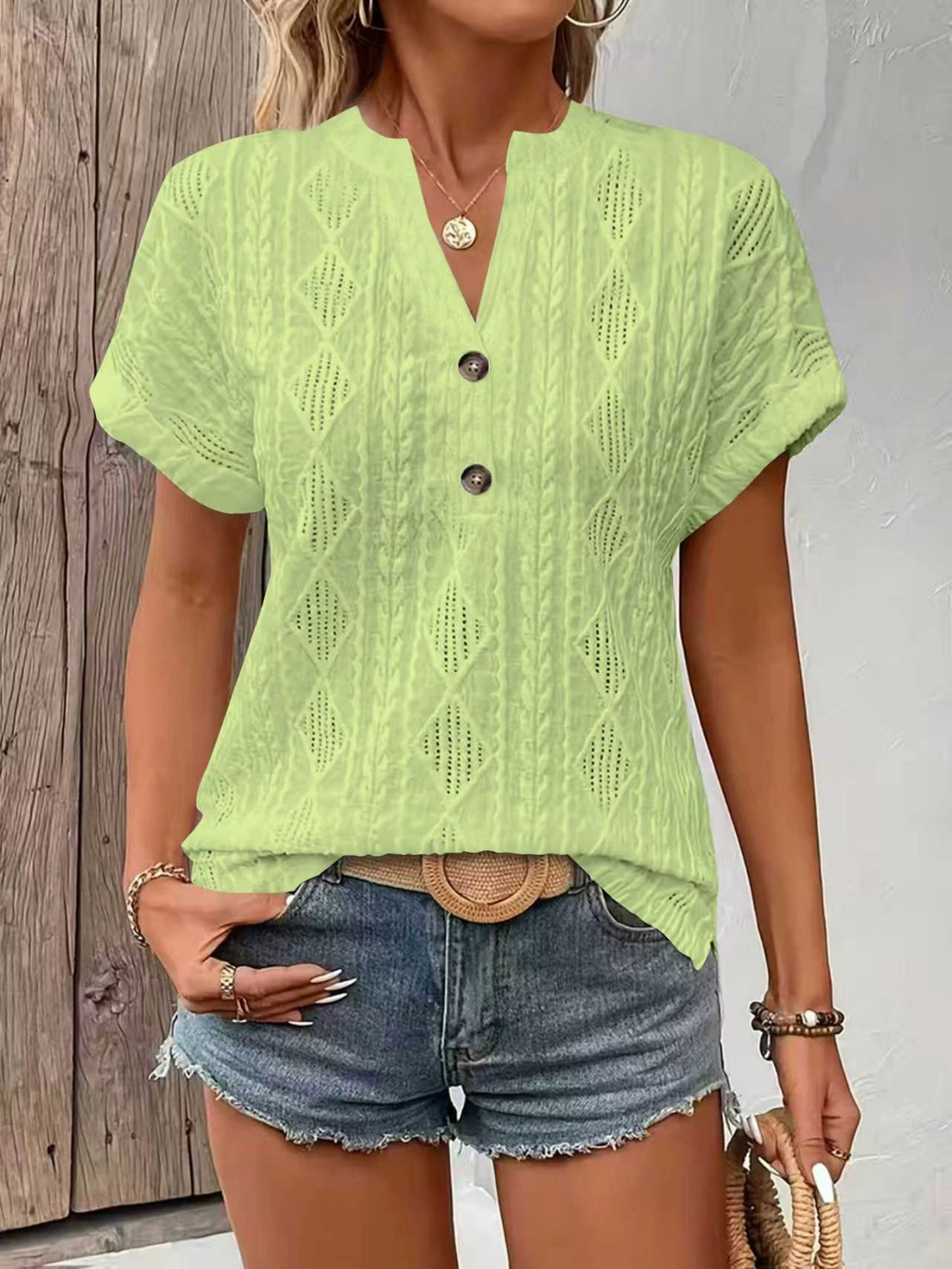 Knitting Buttons V-neck Short Sleeve T-shirts