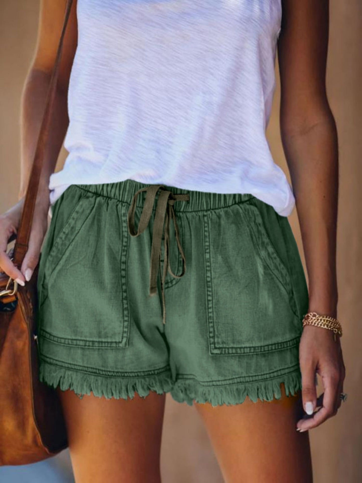 Elastic Waistband Tassel Pocket Straps Washed Jeans
