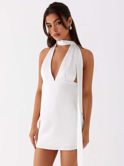 Printed Halter Neck Deep V Backless Mini&Short Dresses
