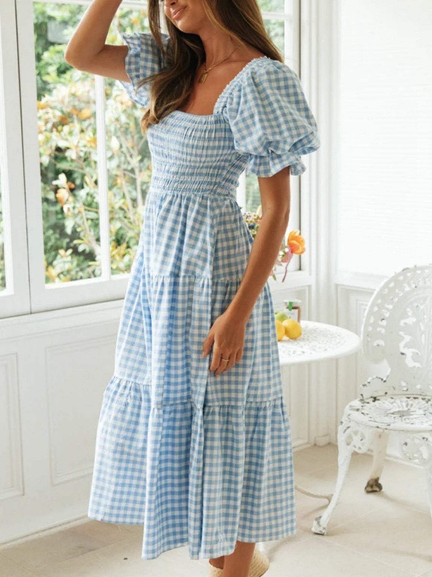 Plaid Puff Sleeve U-neck Mini&Short Dresses