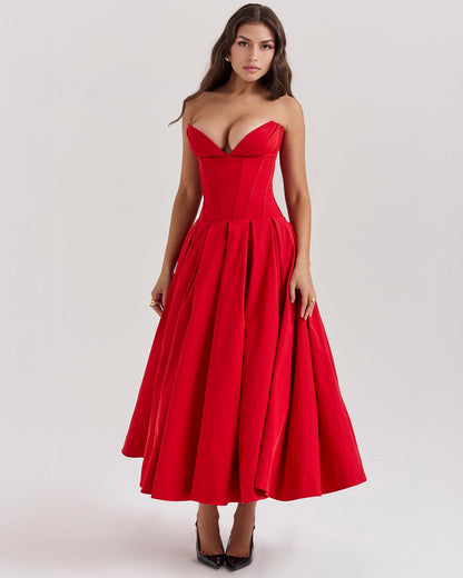 Strapless Pointed Sweetheart Corset Bodice Box Pleat A-Line Midi Dress