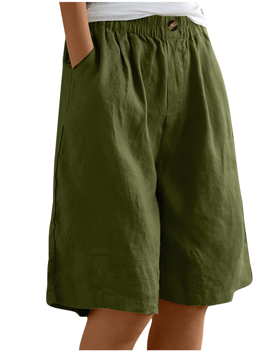 Button-down Cotton Linen Loose High-waisted Five-point Shorts