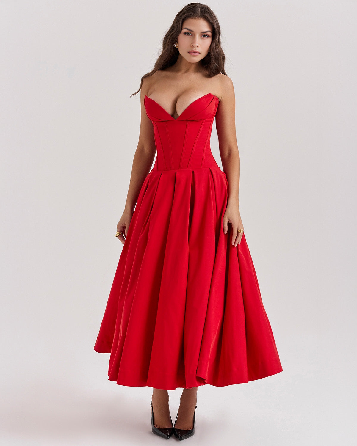 Strapless Deep V Neck Corset Bodice Pleated Fit and Flare Midi Dress