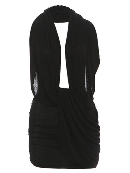 Pleated Deep V Halter Neck Exposed Backpack Buttocks Mini&Short Dresses