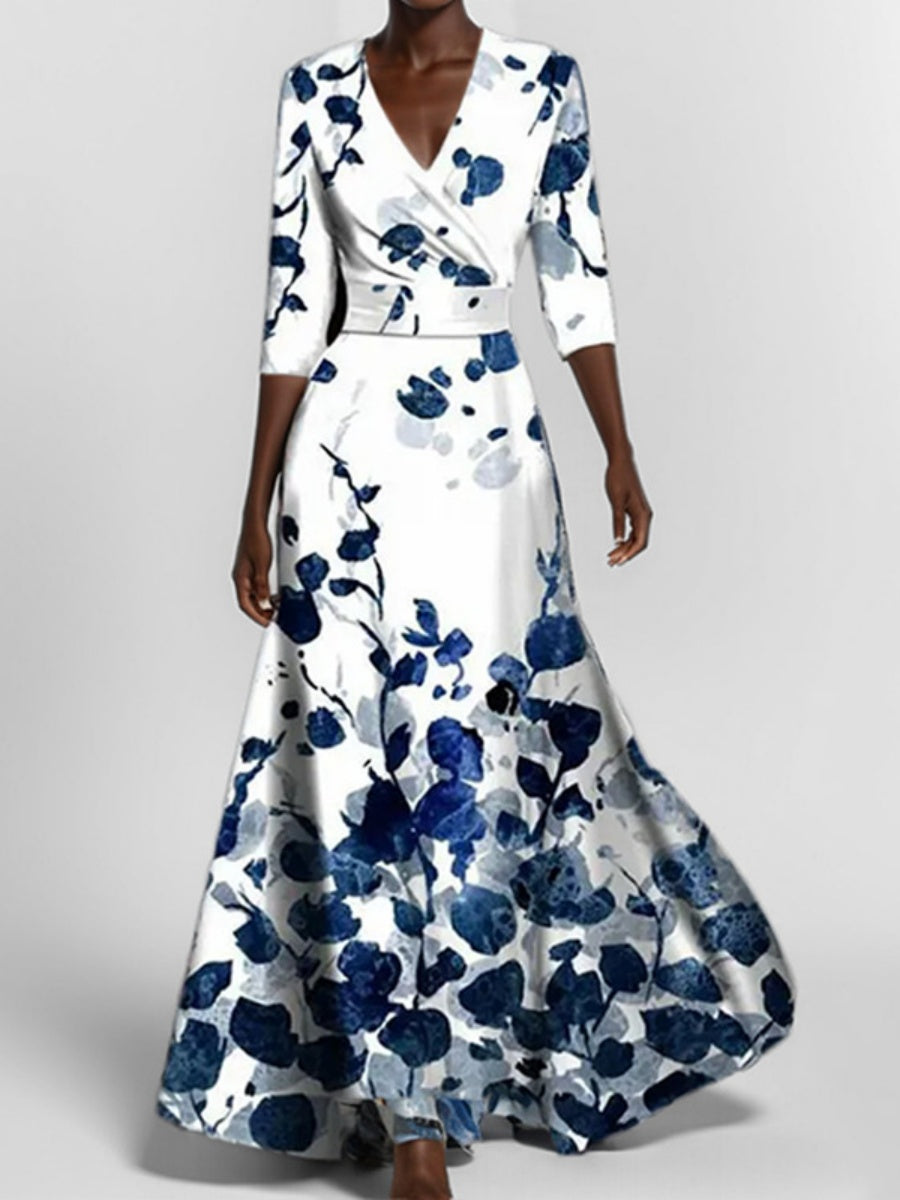 Pattern Printed Temperament V-neck Lace Up Large Skirt Maxi Dresses