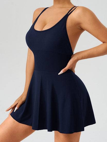 Seamless Elastic Tennis Skirt Cross Straps Anti-exposure Fitness Yoga Clothes Mini&Short Dresses