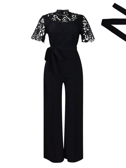 Lace Trim Hollow Short Sleeve Bandage High Waist Wide Leg Jumpsuits