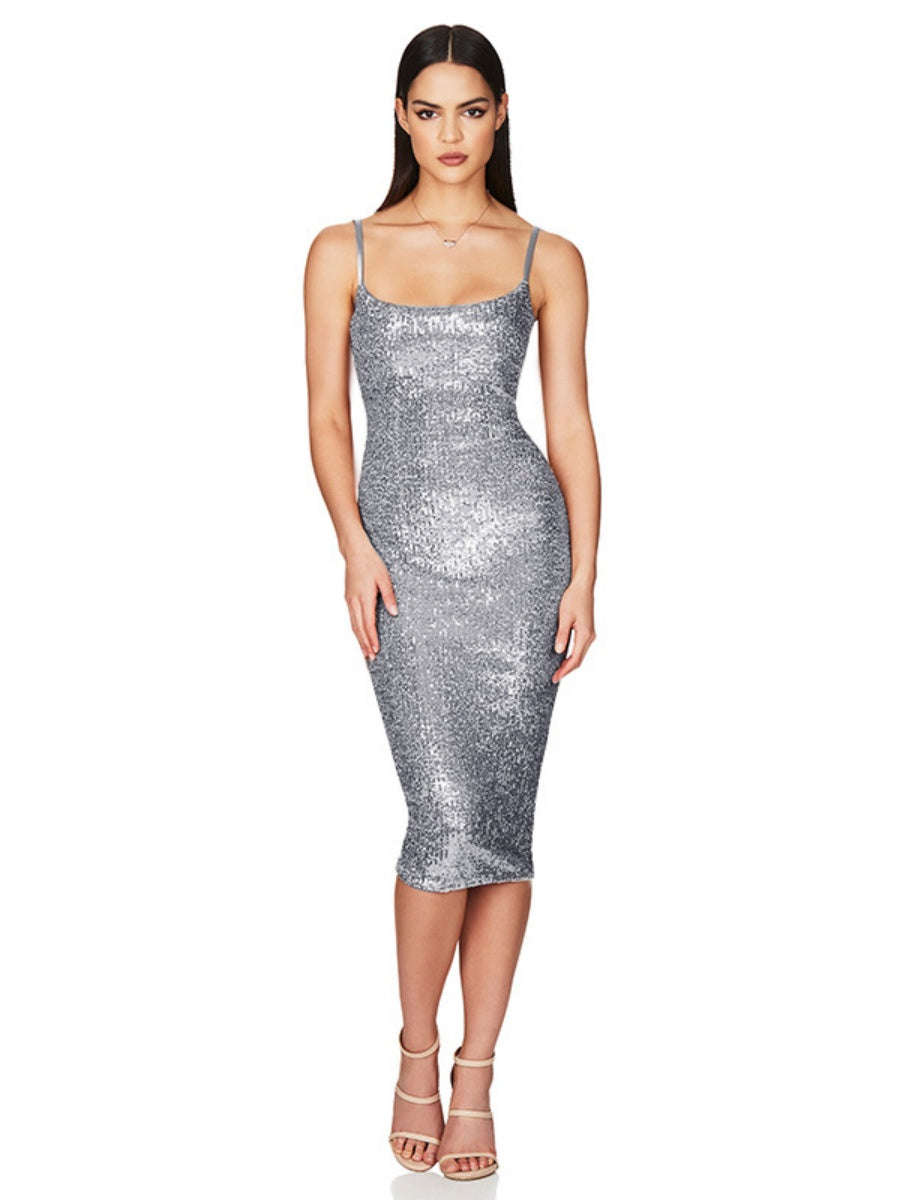 Sequined Backless Halter Dress