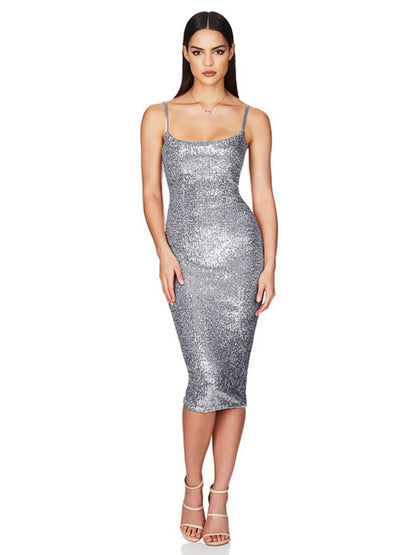 Sequined Backless Halter Dress