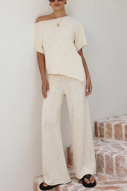 Chic Asymmetrical Shoulder Side Slit Knit Top