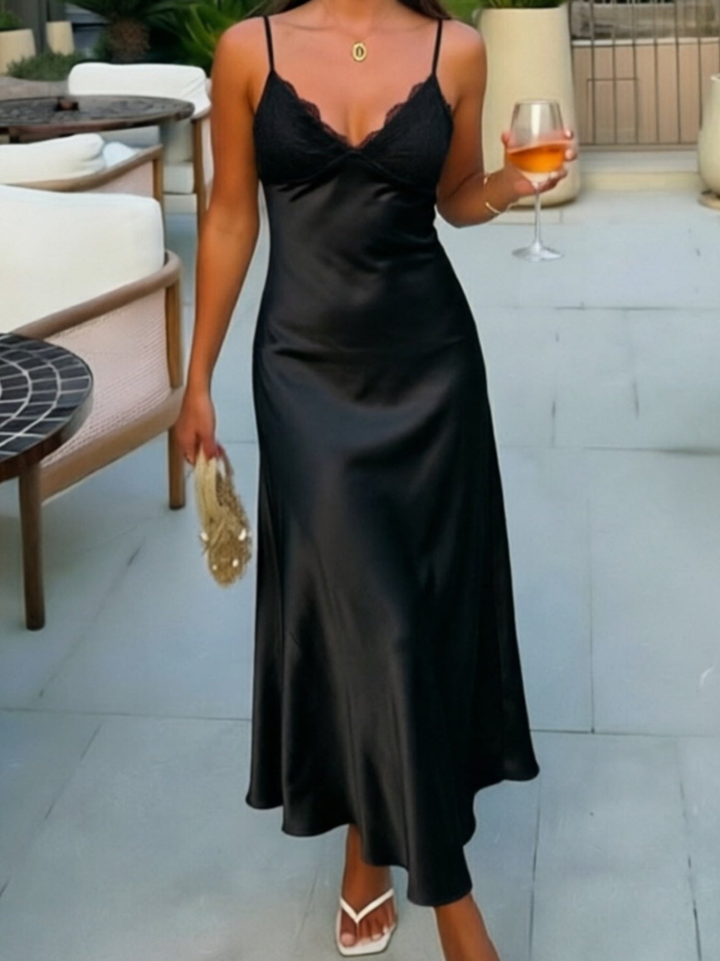 Lace Patchwork V-neck Backless Maxi Dresses