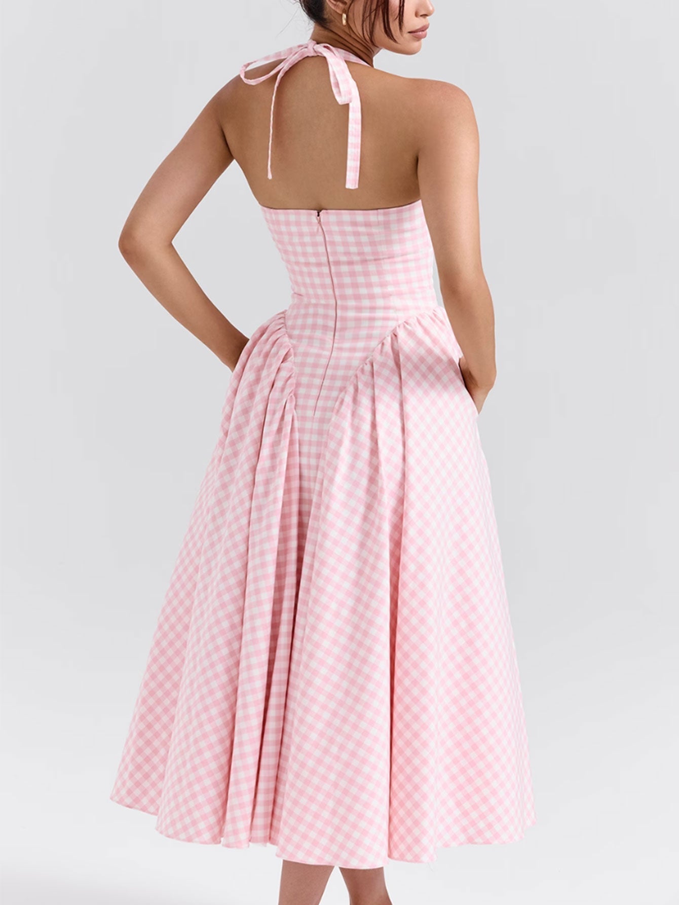 Gingham Plunge Halter Neck Fit and Flare Midi Dress