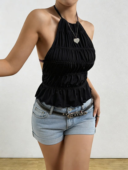 Halter Pleated Backless Lace Up Tank Tops