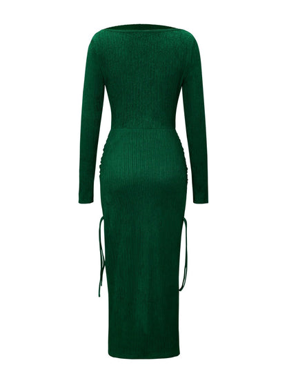 Knitting Long Sleeve High Waist Slim-fit Hip-hugging Drawstring Maxi Dresses