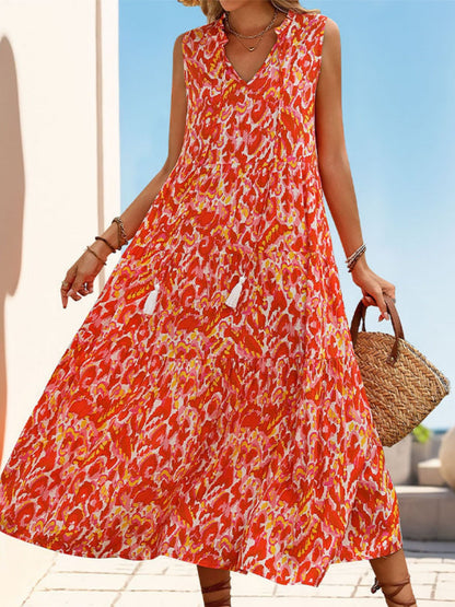 Printed Tassel V-neck Sleeveless Maxi Dresses