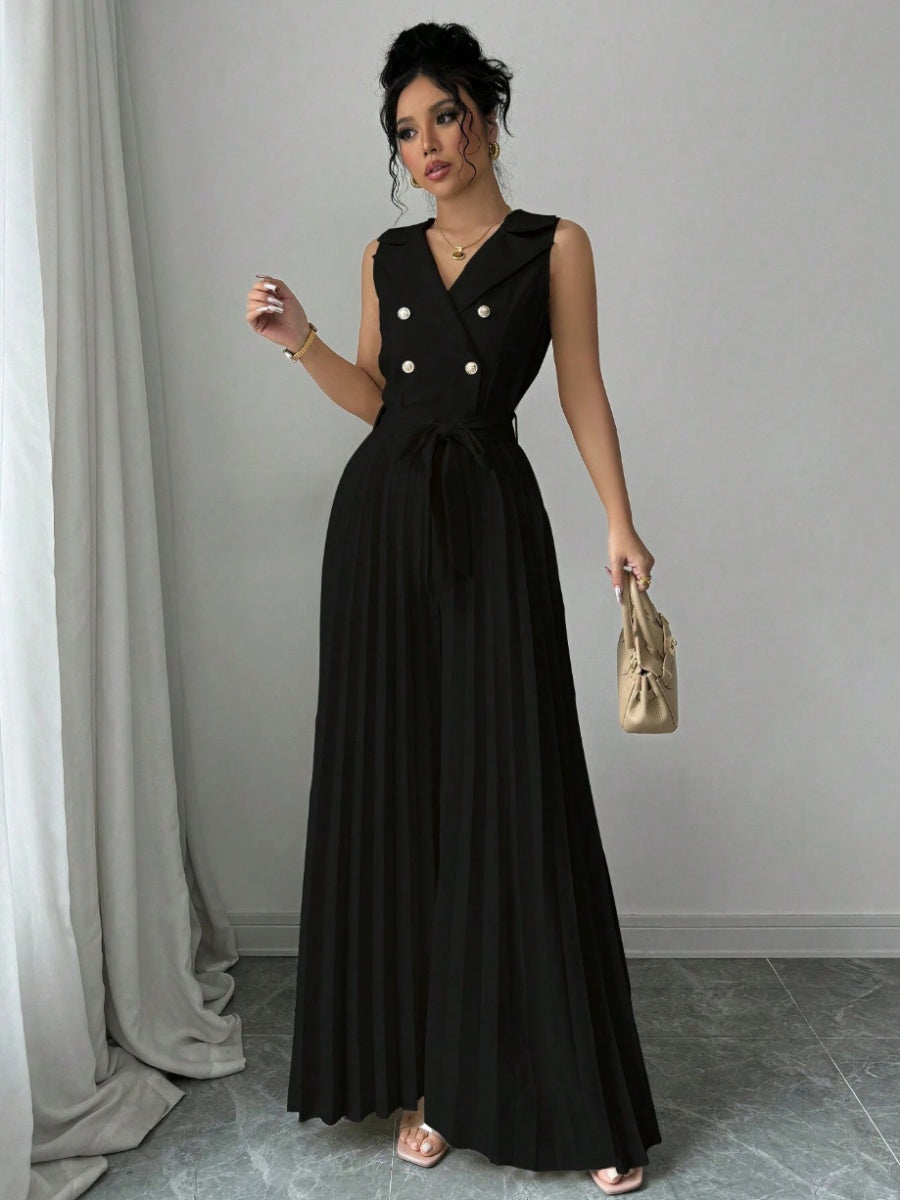 Commuting Suit Collar Pleated Pants Double-breasted Jumpsuits