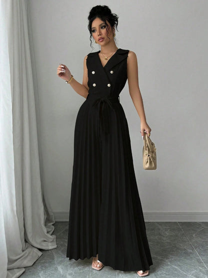 Commuting Suit Collar Pleated Pants Double-breasted Jumpsuits