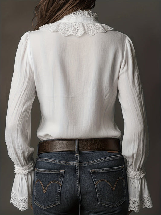 White Lace-trimmed Long-sleeved Shirt