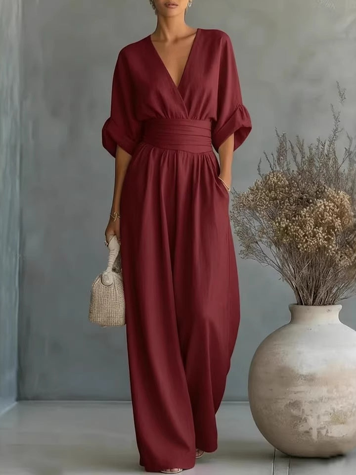 Waist-cinching V-neck Elegant Women's Jumpsuit