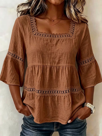 Lace Patchwork Cotton And Linen Square Neckline And Three-quarter Sleeves T-shirts