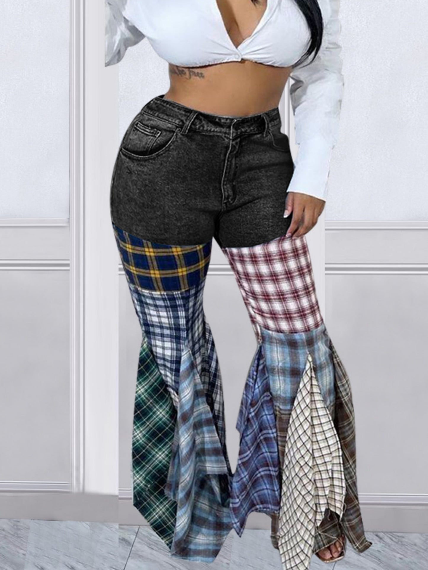 Houndstooth Pattern Flared Pants Ruffle Jeans