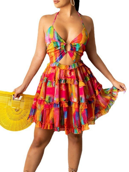 Hollow Halter Ruffle Cake Skirt Mini&Short Dresses