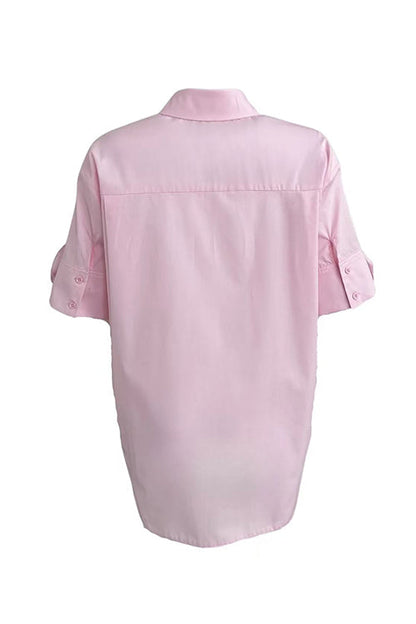 Collared Short Sleeves Button Down Flower Detail Shirt