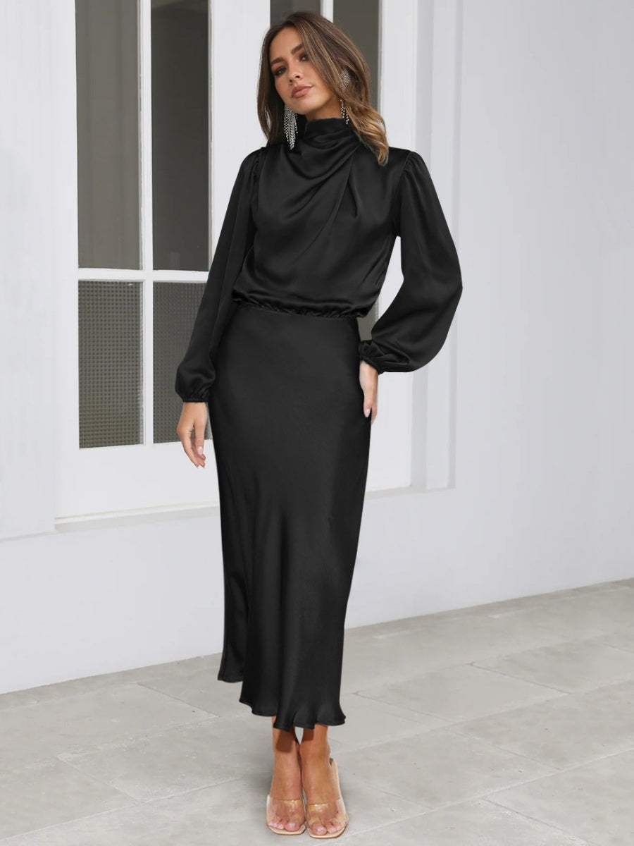 Satin Long Sleeve Loose Turtleneck Midi Dresses