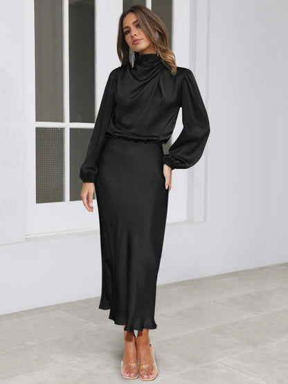 Satin Long Sleeve Loose Turtleneck Midi Dresses