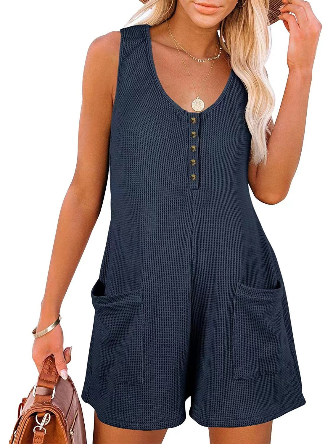 Casual Button-down Pocket Vest Jumpsuit