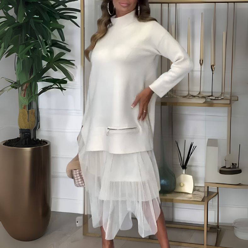 Mock Neck Zip Detail Knit Bodice Layered Pleated Tiered Midi Dress