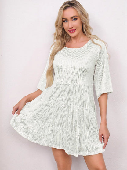 Sequins Pleated Multi-story Crew Neck Short Sleeve Mini&Short Dresses