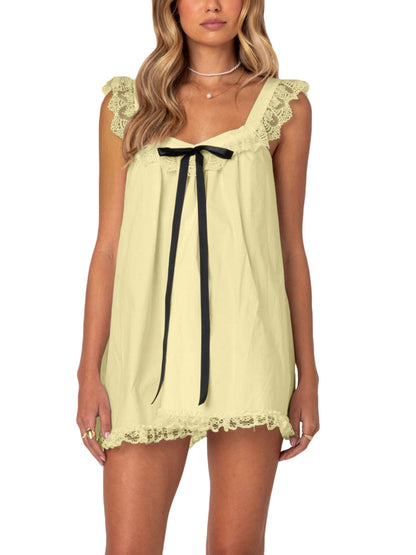Bow Lace Trim Spaghetti Strap Backless Mini&Short Dresses
