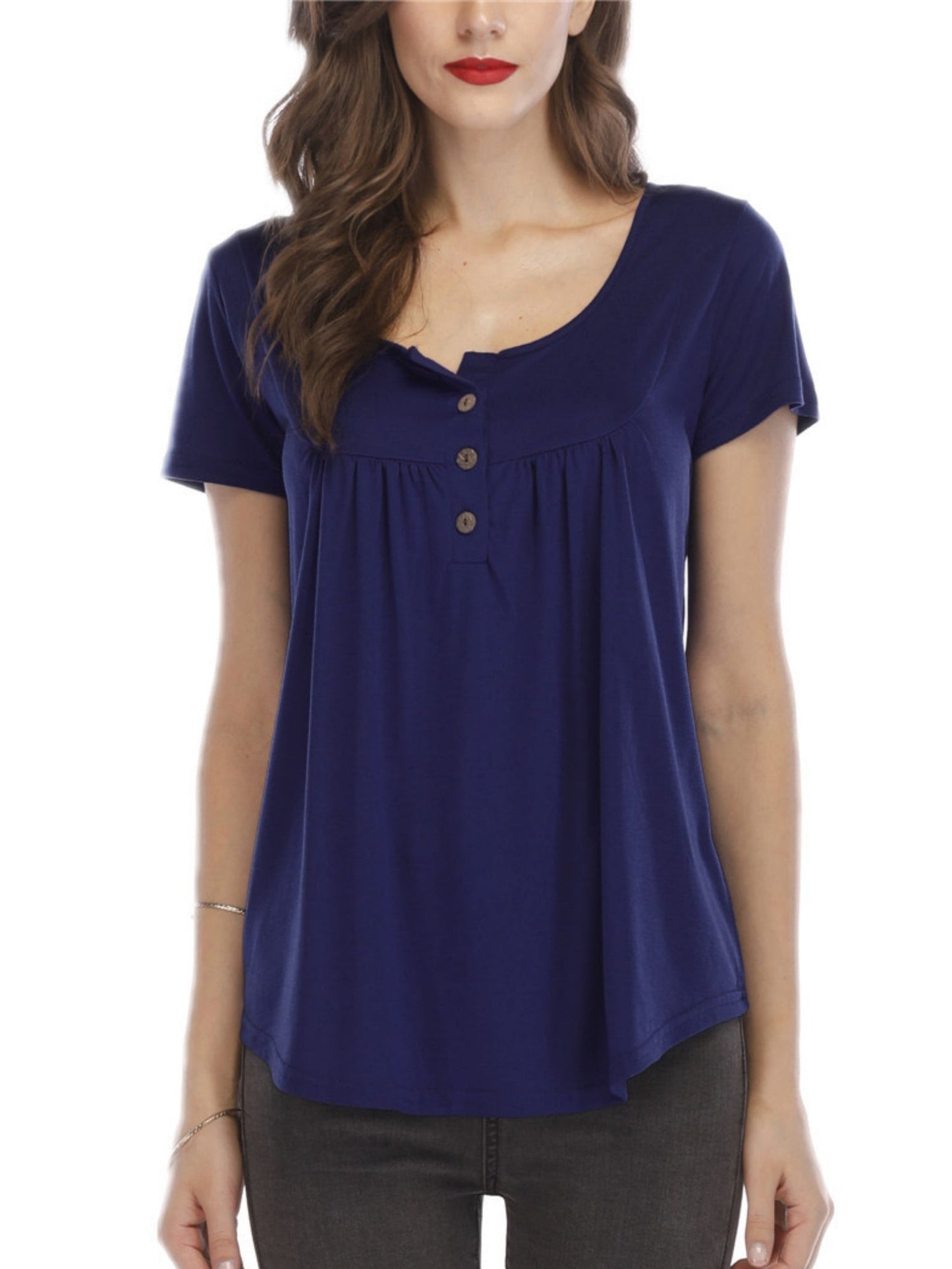 V-neck Pleated Buttons Loose-fit Short-sleeved T-shirt