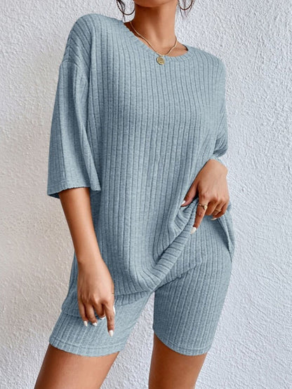 Piping Crew Neck Loose T-shirt And Shorts 2-piece Sets