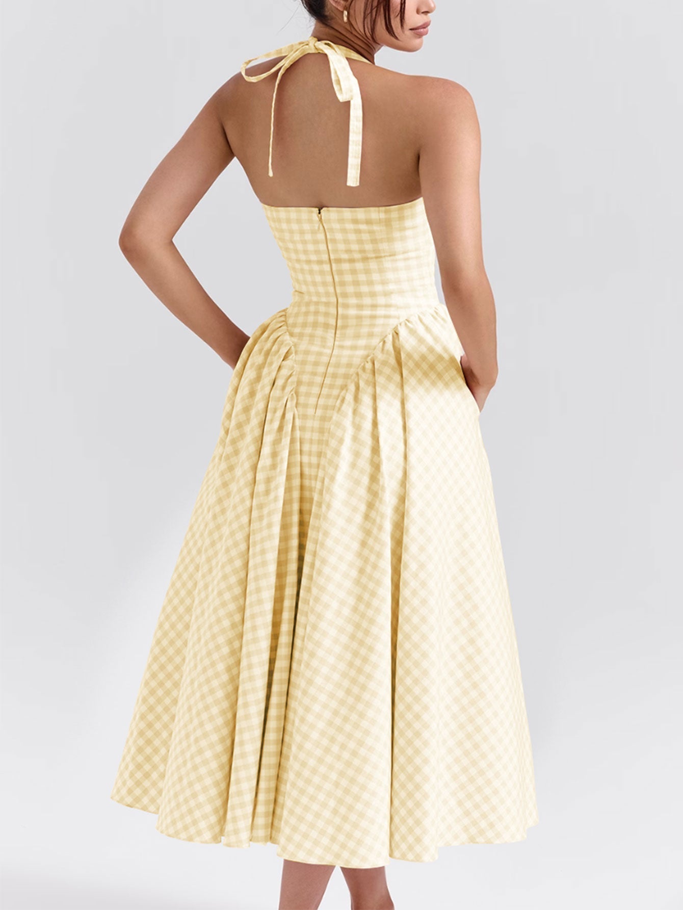 Gingham Plunge Halter Neck Fit and Flare Midi Dress