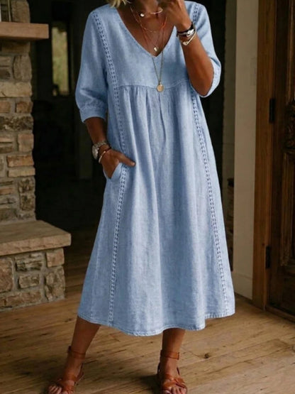 Lace Trim Linen Cotton V-neck Maxi Dresses