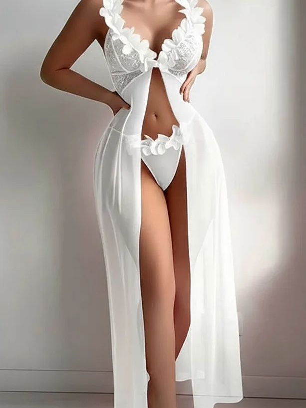Long Spaghetti Strap Dress With Sheer Mesh Lace Backless Nightgown