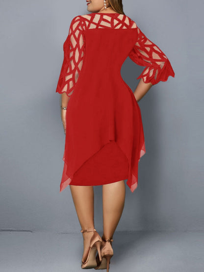 Geometry Splicing Three-quarter Sleeves Irregular Hem Chiffon Midi Dresses