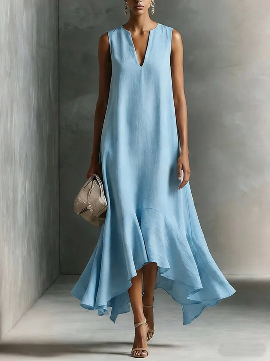 Sleeveless Irregular Hem Deep V-neck Maxi Dresses