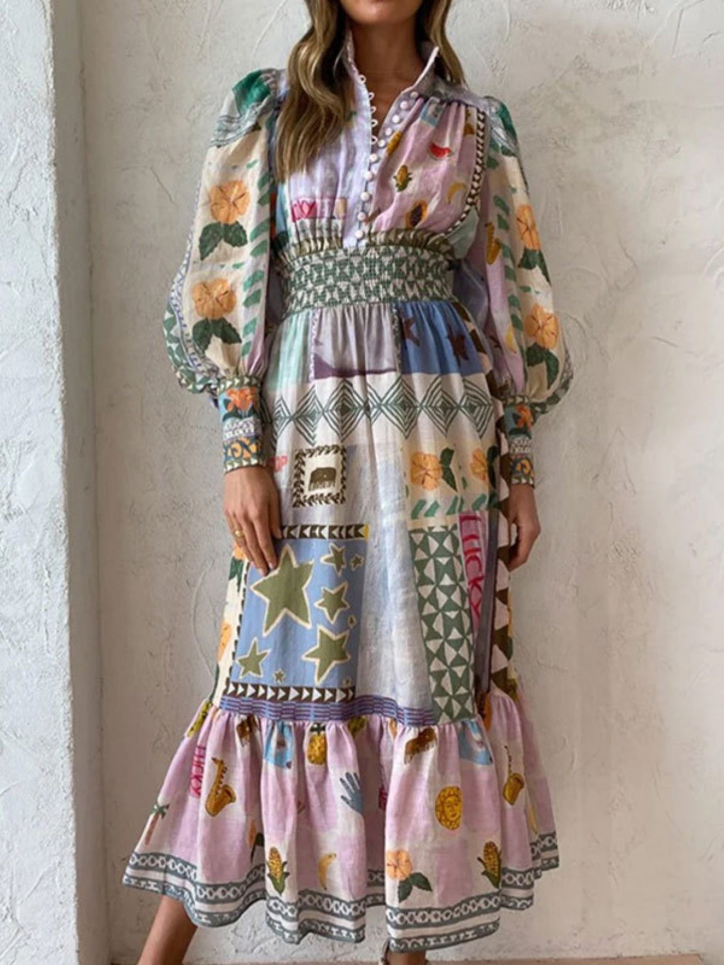 Floral Print Bohemia Polo Collar Lantern Sleeves Maxi Dresses