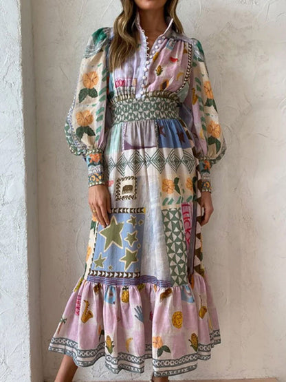 Floral Print Bohemia Polo Collar Lantern Sleeves Maxi Dresses