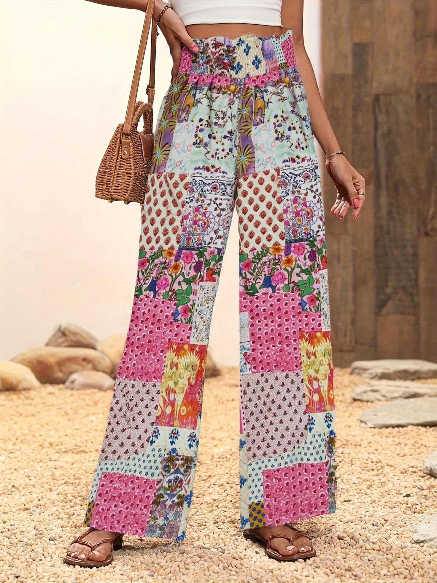 Printed Elastic Waistband High-waisted Loose-fit Pants