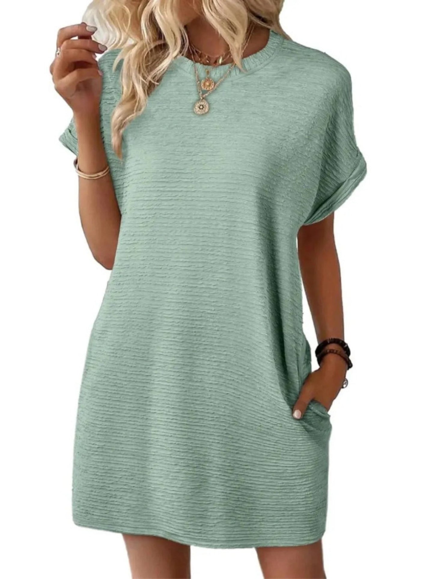 Pocket Crew Neck Short Sleeve Loose-fit Mini&Short Dresses