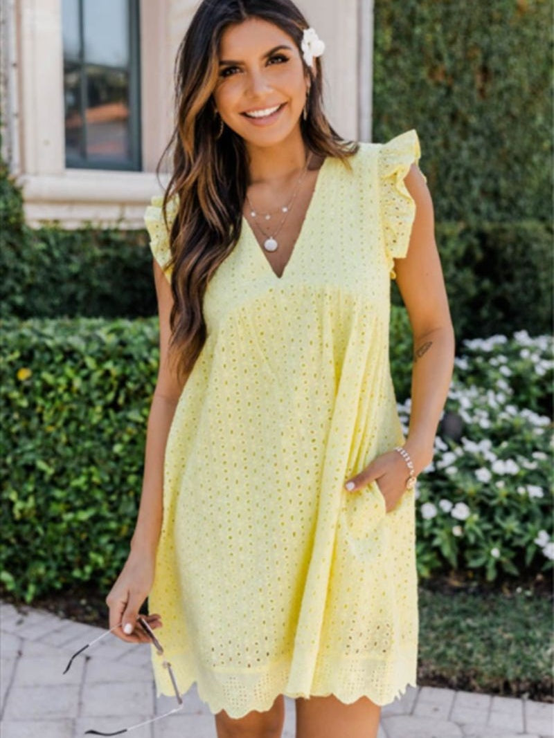 Lace Jacquard Openwork V-neck With Ruffles Solid Color Mini&Short Dresses