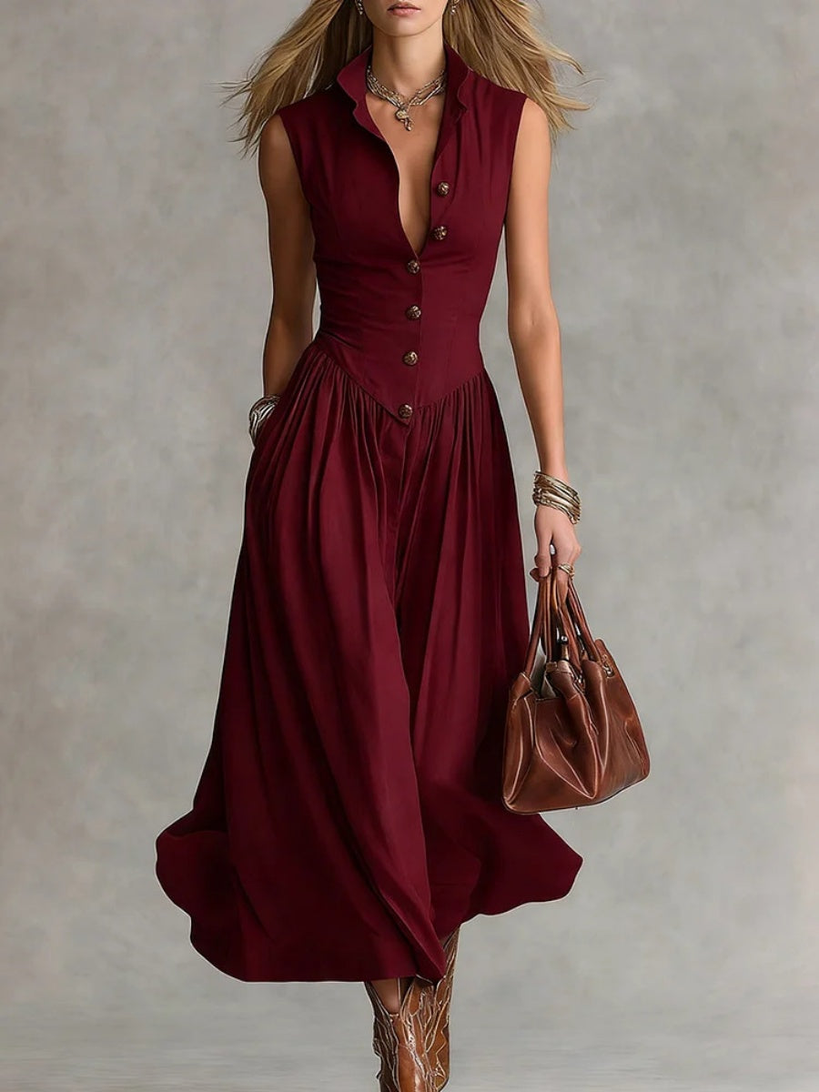 Lapel Sleeveless Buttons Maxi Dresses