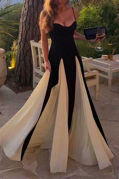 Margovil Spaghetti Strap Low Cut Color Block Swing Maxi Dress
