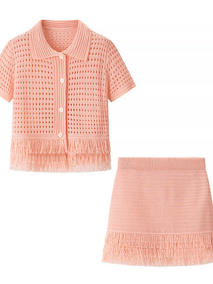 Tassel Knitting Short-sleeved Jacket High-waisted Mini Skirt 2-piece Sets