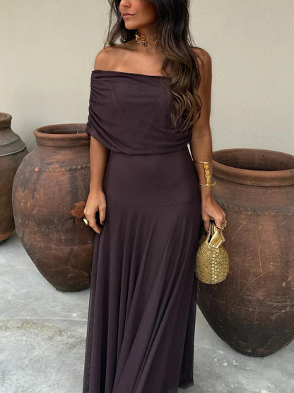 Off Shoulder Bardot Ruched Panel Sheer Overlay Column Maxi Gown